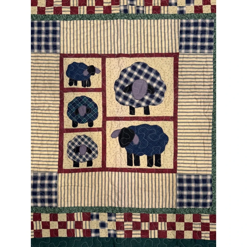 Handmade Primitive Country Sheep Quilted Wall Hanging Blue Plaid Farmhouse Decor